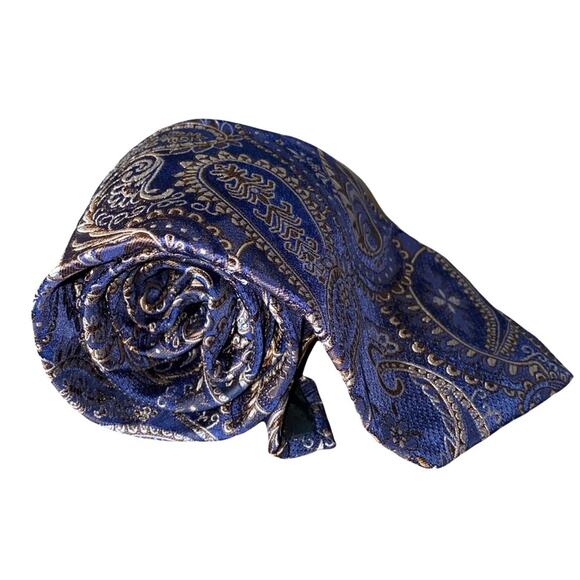 Express Design Studio Paisley Print Blue and Brown 100% Italian Silk Tie - Picture 3 of 12